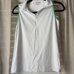 Jude Connally Sleeveless Zip Polo Top White with Green Trim Size Small